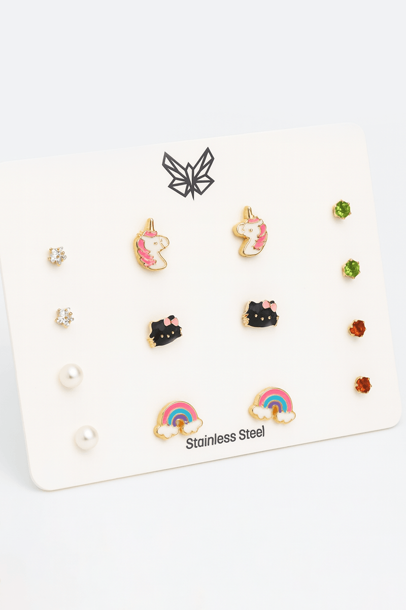 Unicorn Hello Kity ve Gökkuşağı Tasarımlı Zirkon Taşlı Küpe Seti