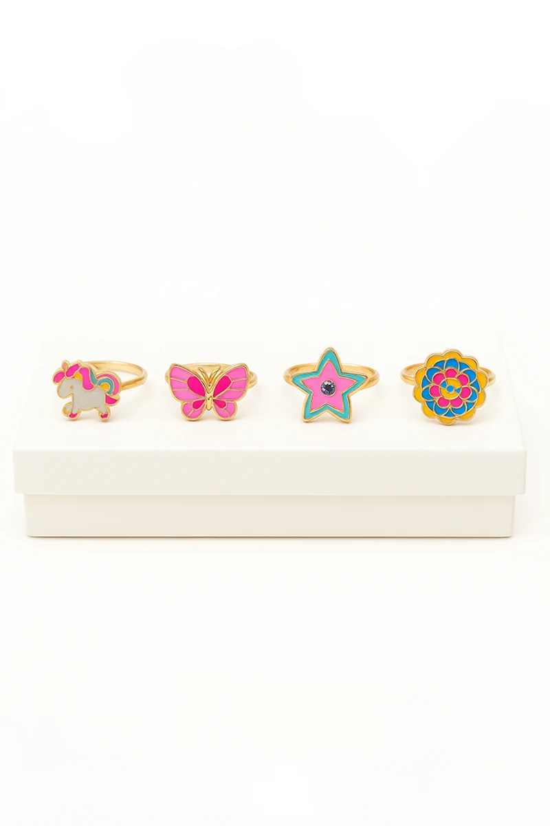 Ayarlanabilir 4 Adet Yıldız Gökkuşağı Kiraz Çilek Unicorn Kalp Çocuk Yüzükleri