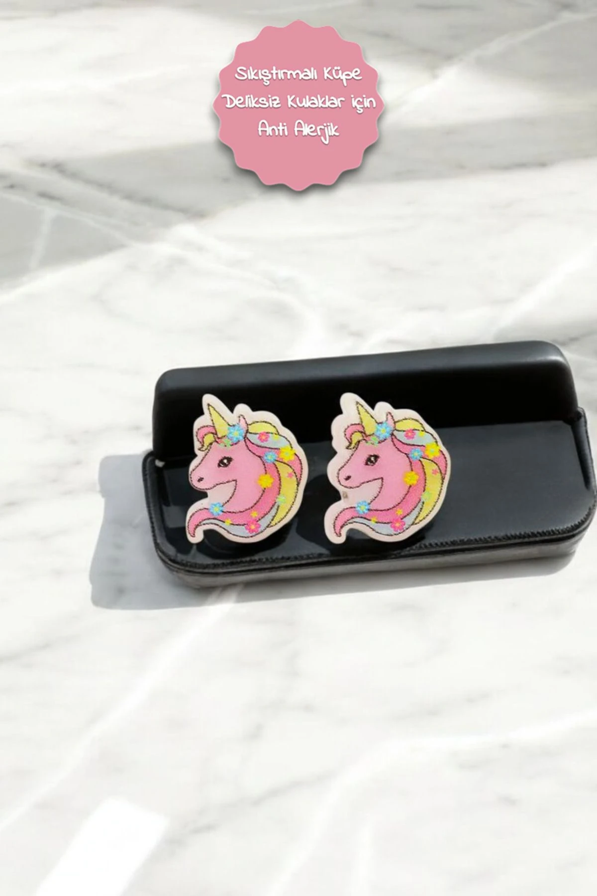 Kulağı Delik Olmayan Çocuklar için Unicorn Tasarımlı Pembe Mor Mavi Renkli Sıkıştırmalı Çocuk Küpe