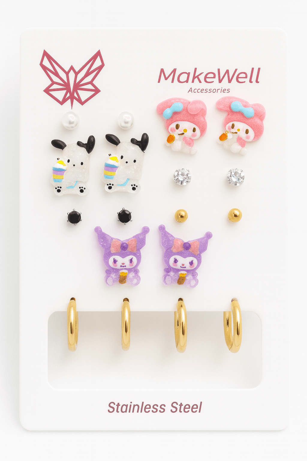 Çelik İğneli Kuromi My Melodi Hello Kity Cinnammaroll Unicorn Pochaco Köpeği Tasarımlı Küpe Seti