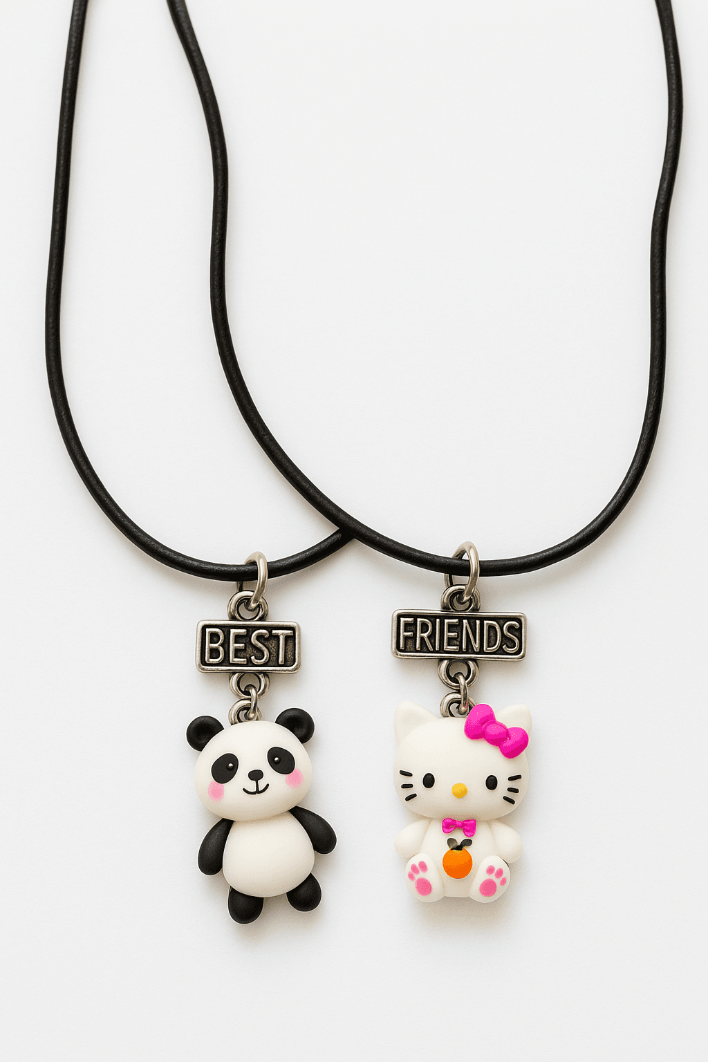 2li Panda Hello Kity Kalp Tasarımlı Deri İpli 2li Best Friends Kolyeleri