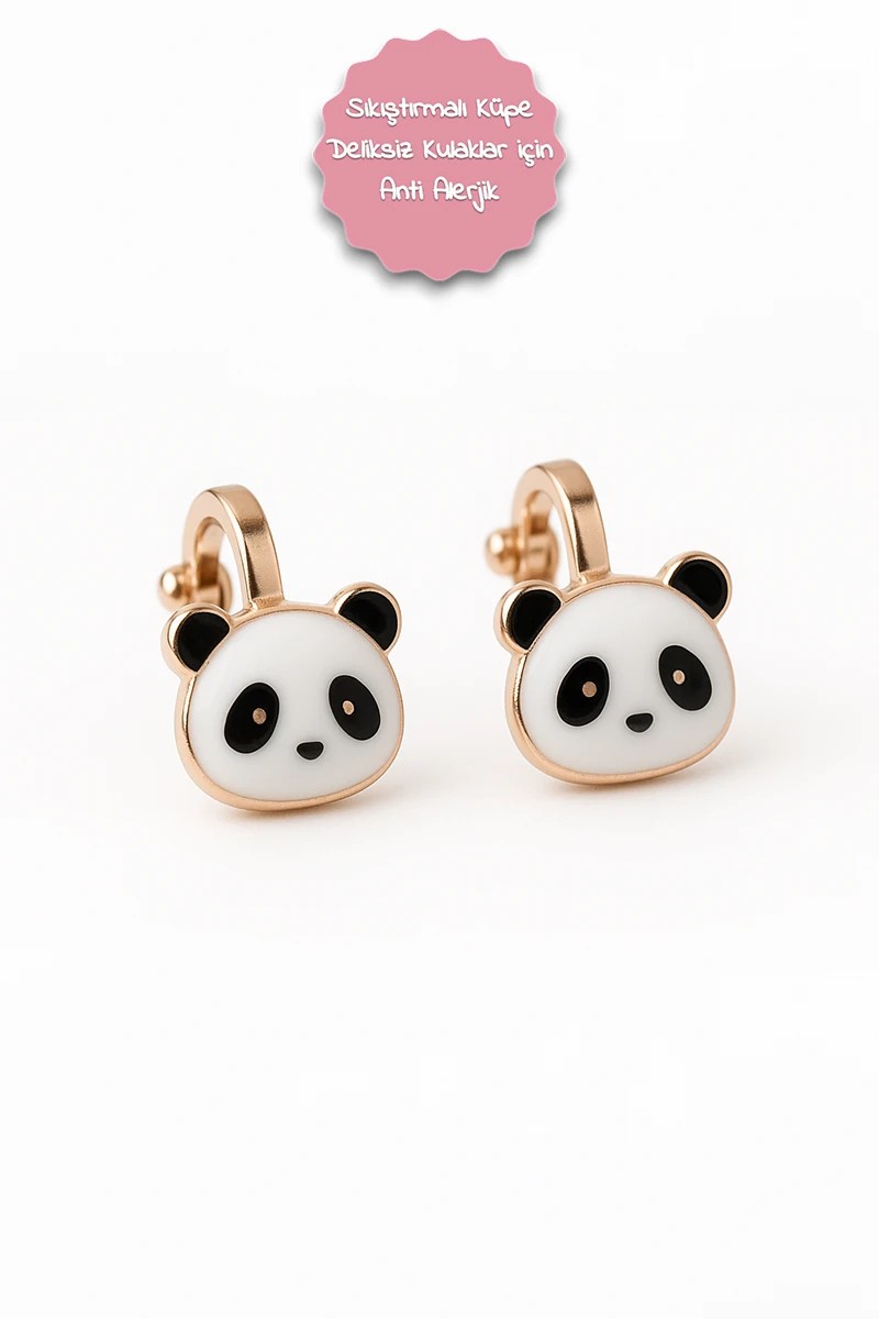 Deliksiz Kulaklar için Panda Tasarımlı Gold ve Gümüş Renkli Sıkıştırmalı Çocuk Küpesi