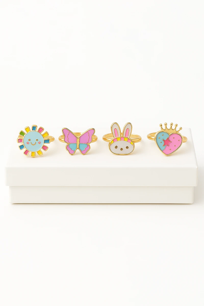 Ayarlanabilir 4 Adet Yıldız Gökkuşağı Kiraz Çilek Unicorn Kalp Çocuk Yüzükleri