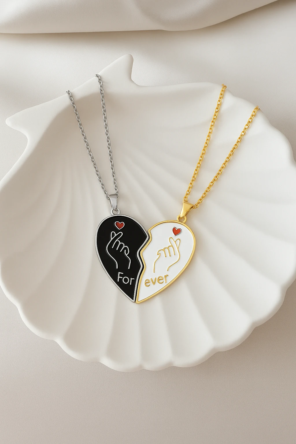 Mıknatıslı 2'li Çelik Kalp Tasarımlı Çelik Paslanmaz Kolyeler