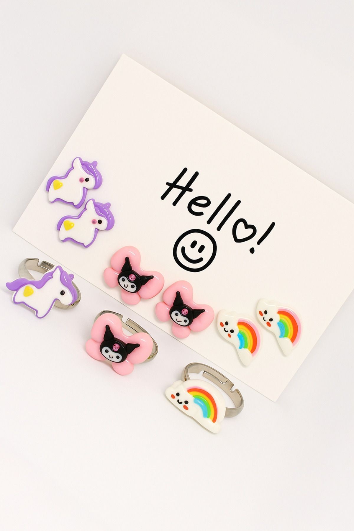 3 Çift Küpe ve 3 Adet Yüzük Gökkuşağı Kuromi Unicorn Tasarımlı 3lü Küpe ve 3lü Yüzük Küpe Seti