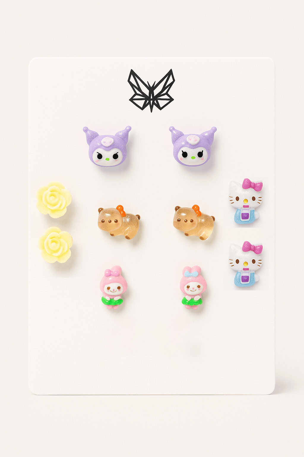 Çelik Vidalı Kuromi Kapibara My Melody Gül Hello Kity Tasarımlı Küpe Seti