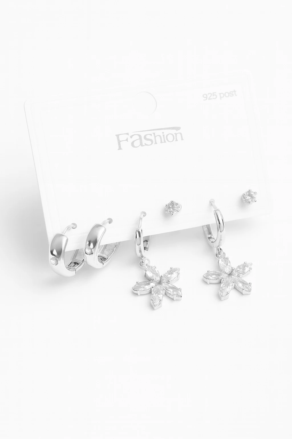 925s Gümüş İğneli Lotus Çiçeği Tasarımlı Zirkon Taşlı 3'lü Küpe Seti