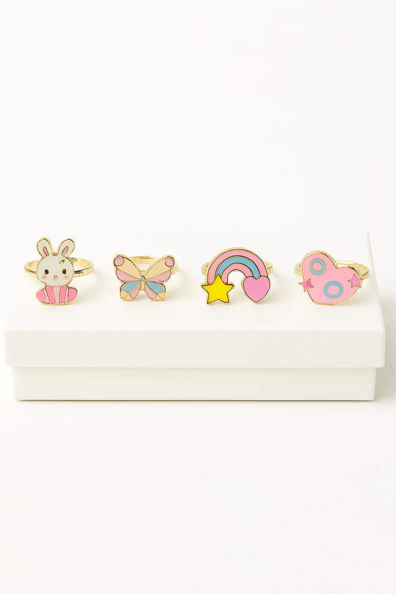 Ayarlanabilir 4 Adet Yıldız Gökkuşağı Kiraz Çilek Unicorn Kalp Çocuk Yüzükleri