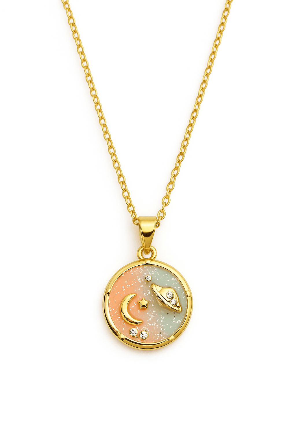 Hilal Gezegen Tasarımlı Paslanmaz Zirkon Taşlı Çelik Gold Renkli Kolye