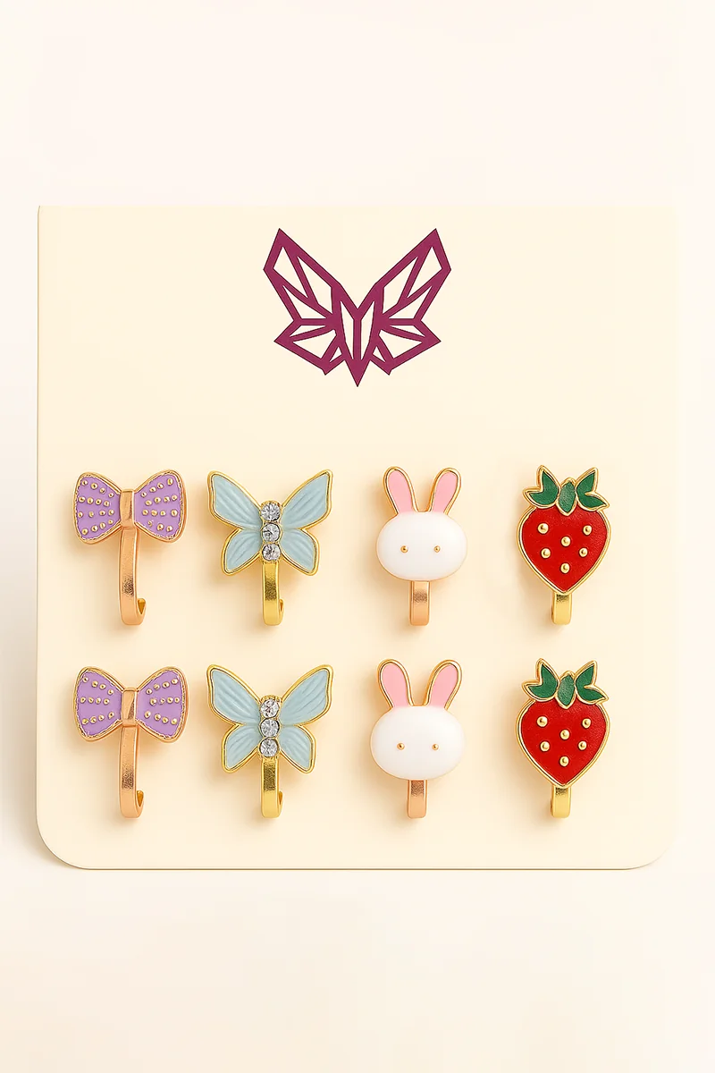 Ekonomik Paket Deliksiz küpe 4'lü Fiyonk Kalp Çiçek Hello Kity Yonca Kiraz Tasarımları Sıkıştırmalı Küpe Setleri