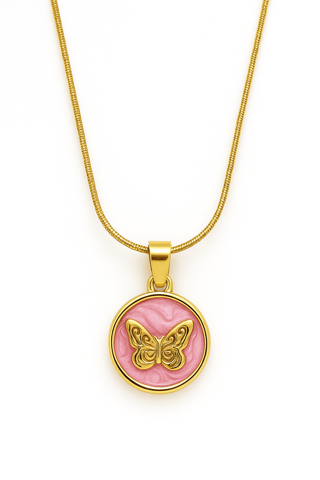 Kelebek Tasarımlı Gold Kaplamalı Pembe ve Sedef Paslanmaz Çelik Kolye 