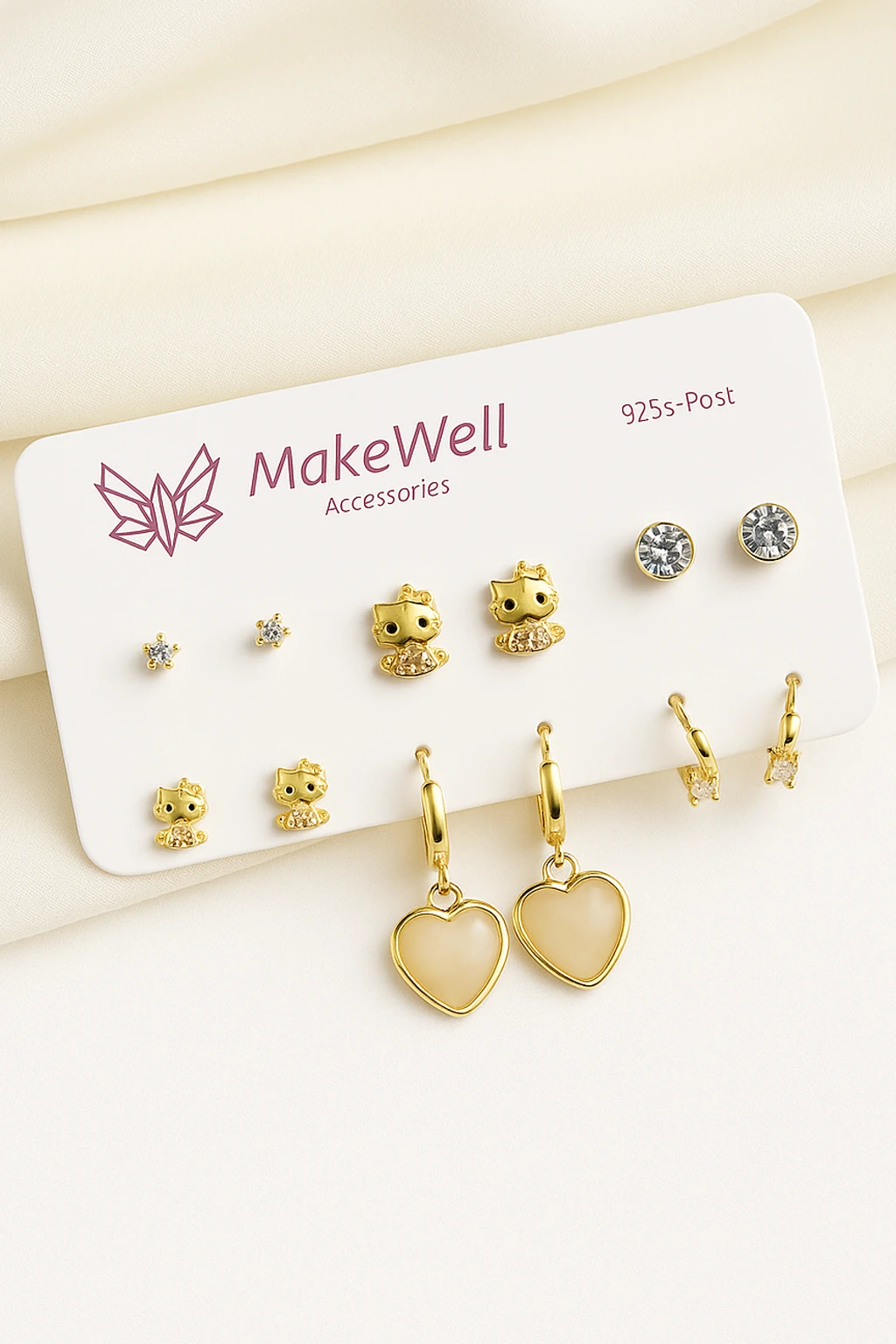 925 Ayar Gümüş İğneli Hello Kity ve Kalp Tasarımlı Zirkon Taşlı Çelik Halka Küpeli Küpe Seti