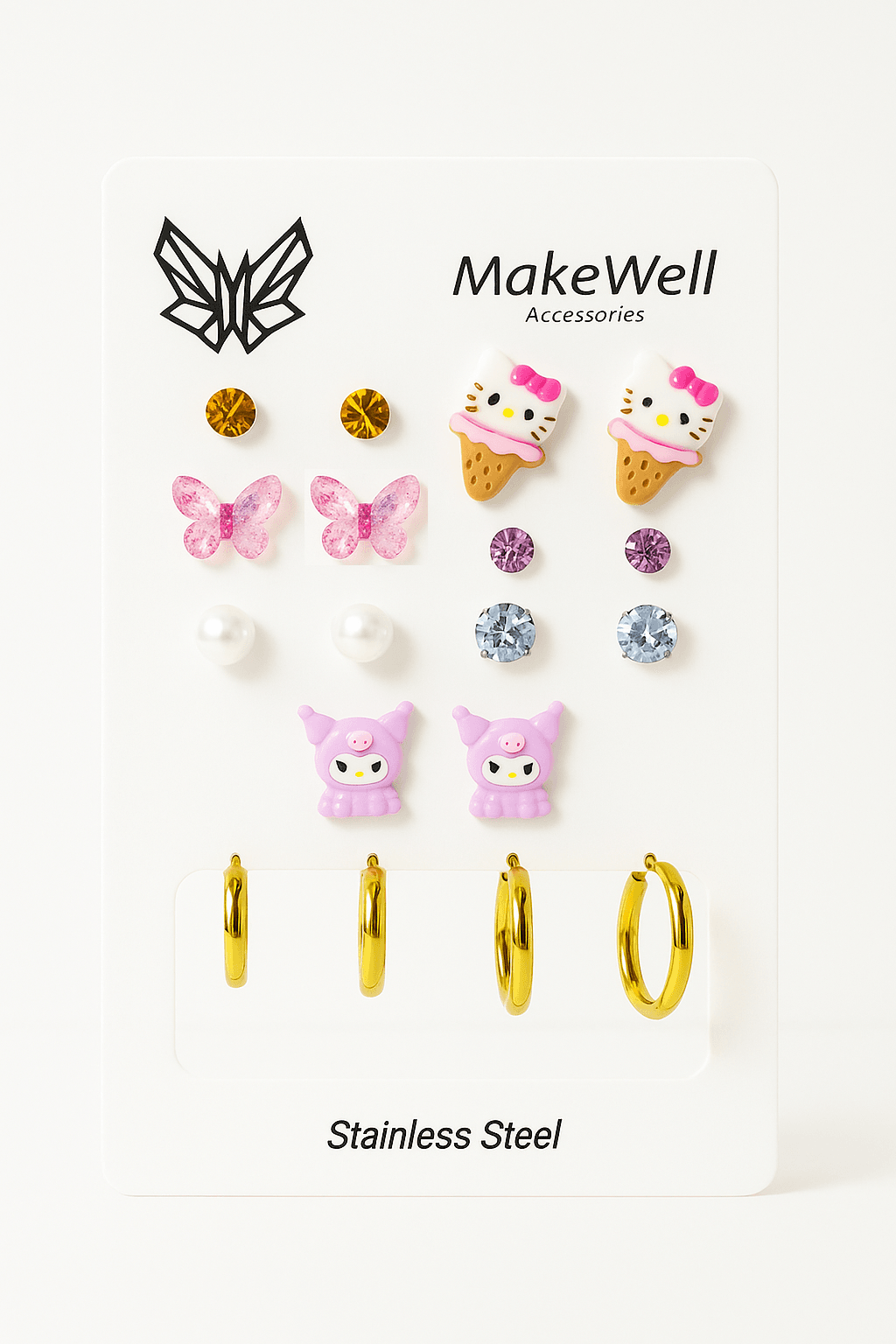 Çelik Küpe Renk Atmaz Kararmaz Çelik Hello Kitty Dondurma Kuromi Tasarımlı Halka Çelik Küpeli Set