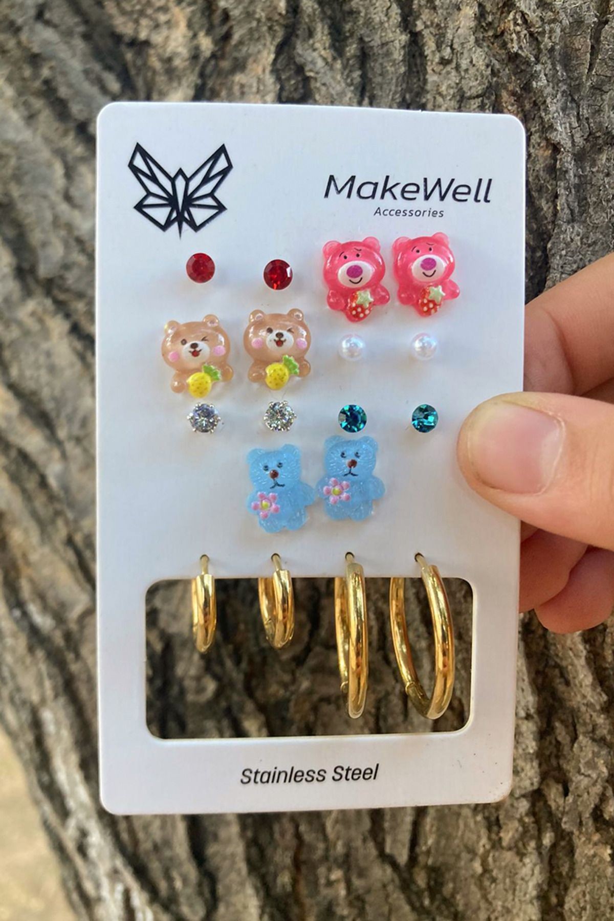 Çelik Küpe Renk Atmaz Kararmaz Çelik Ayıcıklı Kuromi Tasarımlı Halka Çelik Küpeli 9lu  Çelik Set