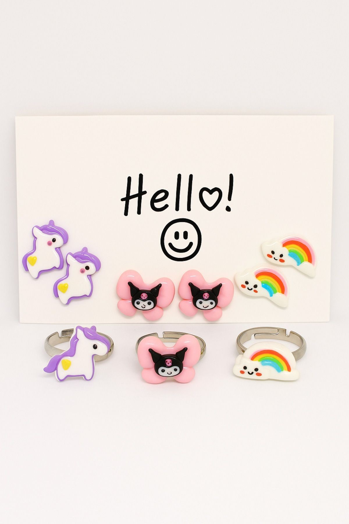 3 Çift Küpe ve 3 Adet Yüzük Gökkuşağı Kuromi Unicorn Tasarımlı 3lü Küpe ve 3lü Yüzük Küpe Seti