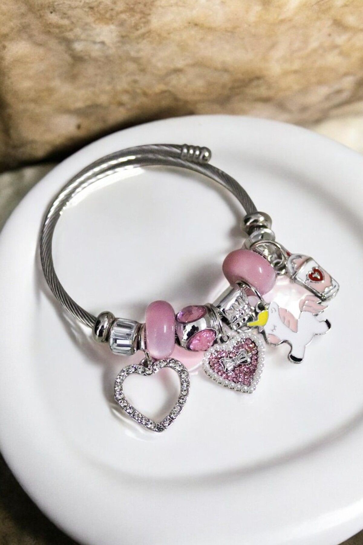 Paslanmaz Kalp ve Unicorn Tasarımlı Zirkon Taşlı Charm Çelik Bileklik