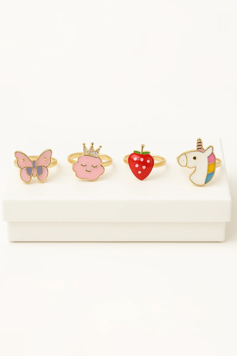 Ayarlanabilir 4 Adet Yıldız Gökkuşağı Kiraz Çilek Unicorn Kalp Çocuk Yüzükleri