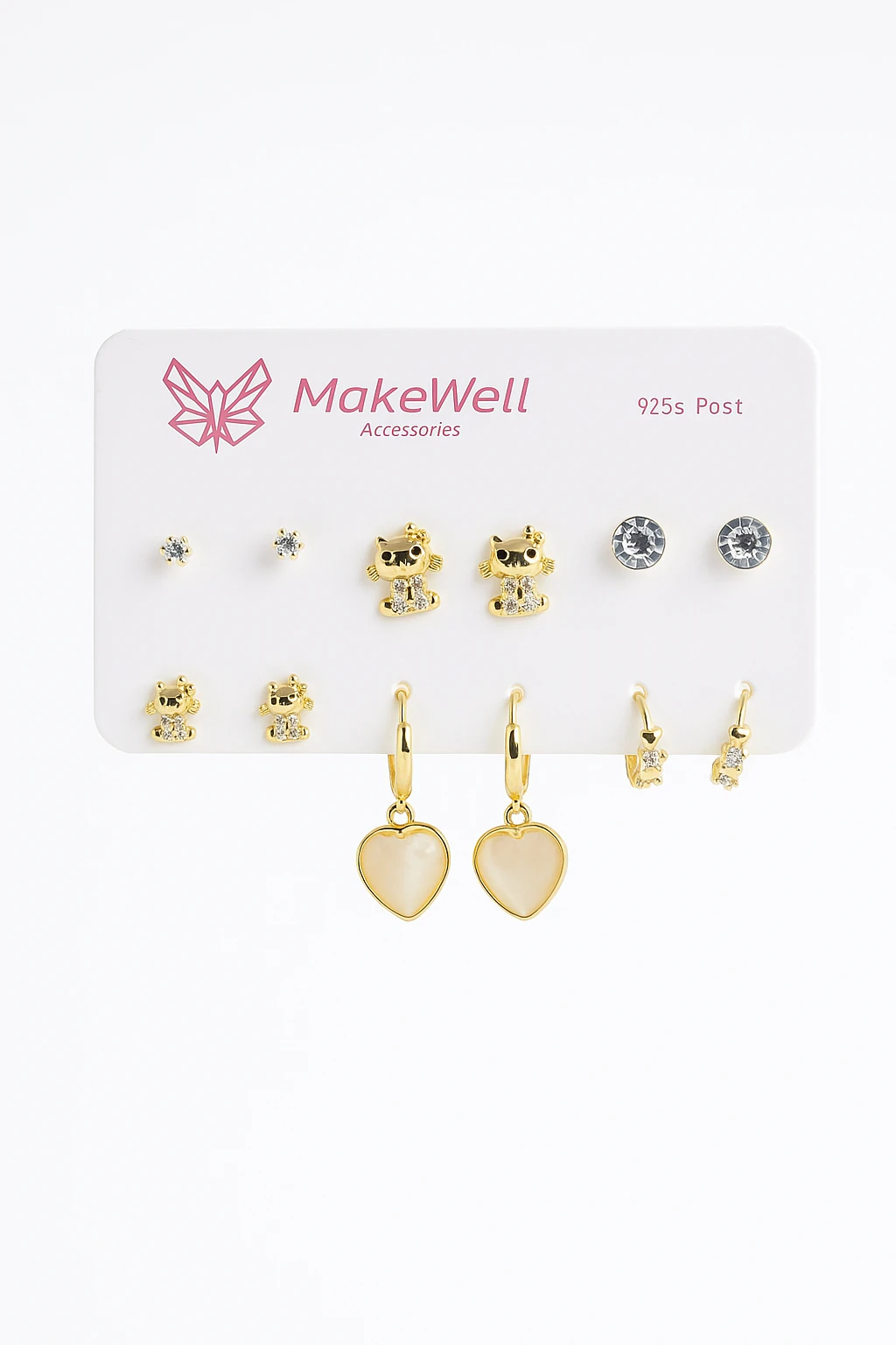 925 Ayar Gümüş İğneli Hello Kity ve Kalp Tasarımlı Zirkon Taşlı Çelik Halka Küpeli Küpe Seti