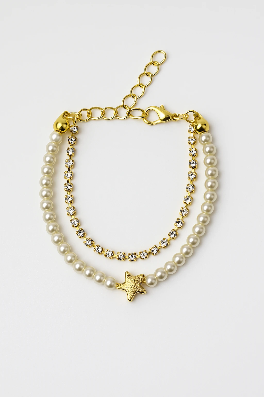 Kalp ve Yıldız Tasarımlı İnci ve Zirkon Taşlı Gold ve Gümüş Renkli Bileklik