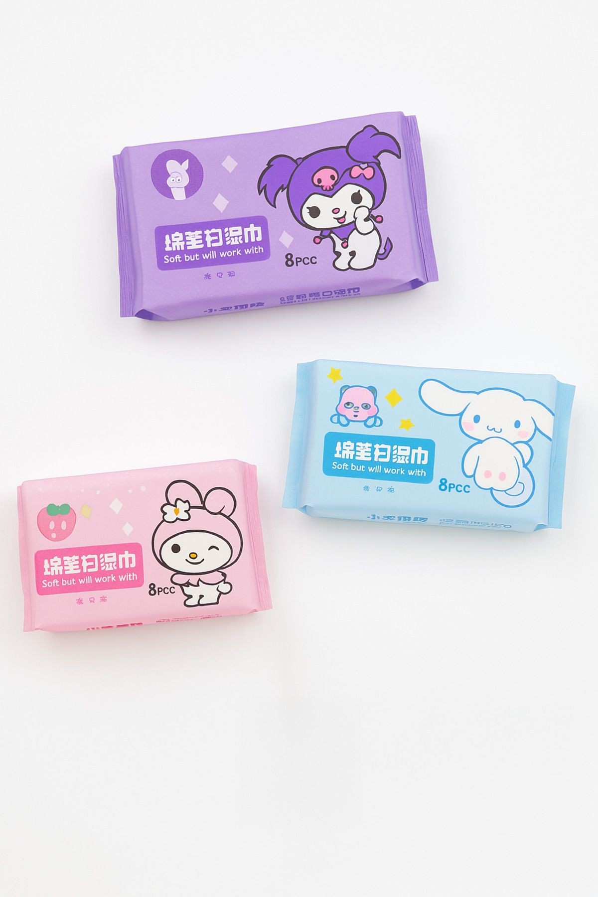 3'lü Kuromi Cinnammaroll My Melodi 3'lü 8 adet Islak Mendil Seti