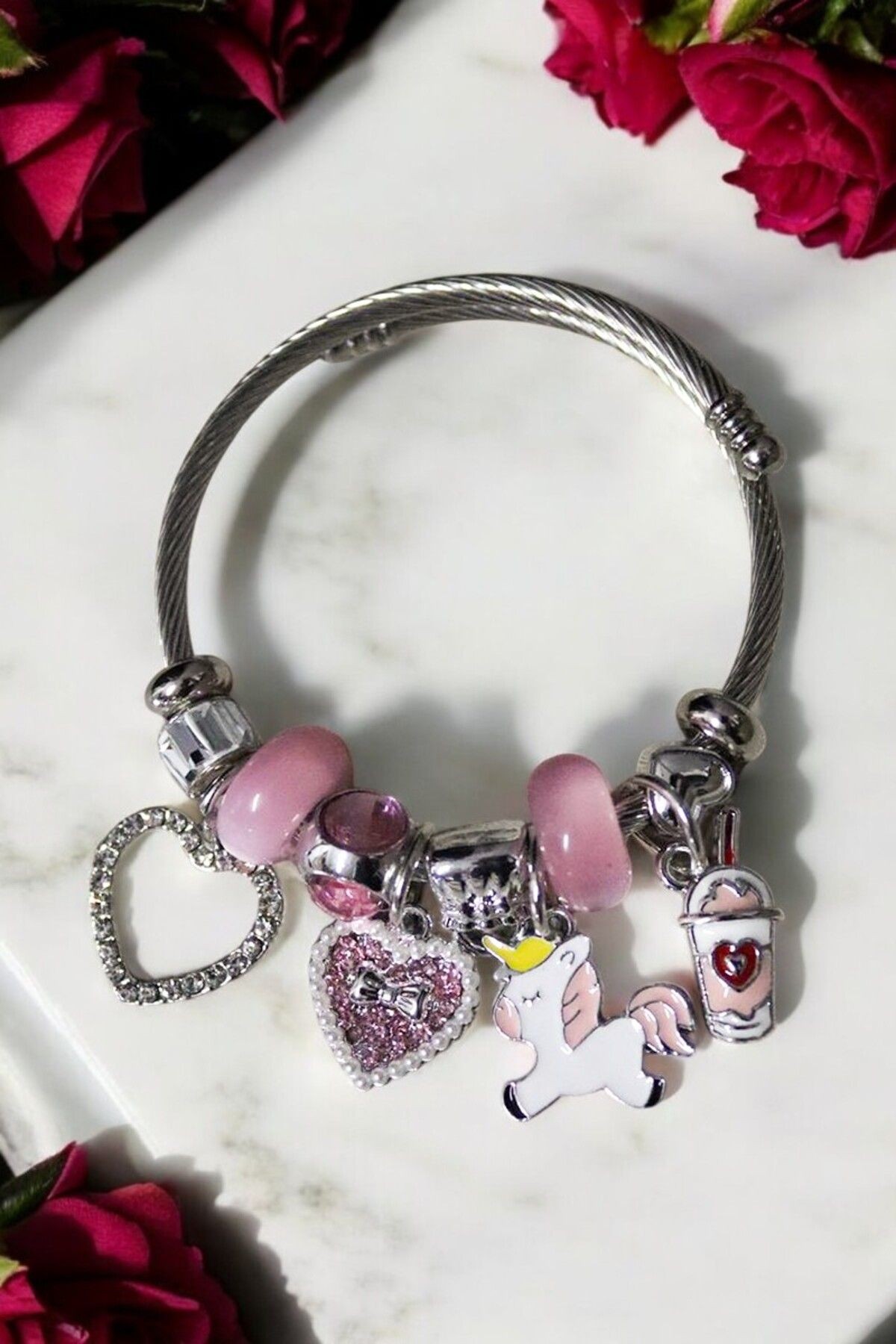 Paslanmaz Kalp ve Unicorn Tasarımlı Zirkon Taşlı Charm Çelik Bileklik