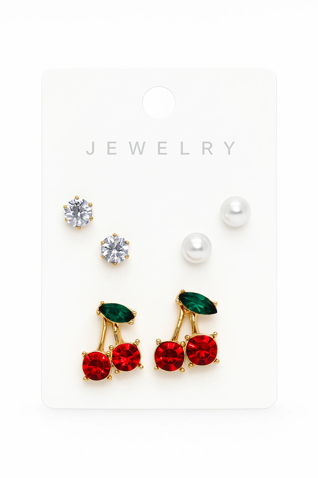 Kiraz Tasarımlı İnci ve Tektaşlı Küpe Seti