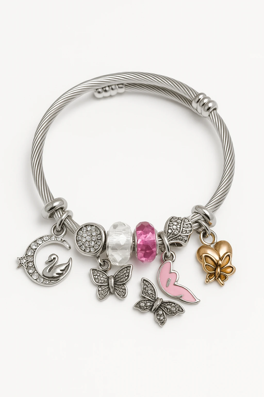 Charm'lı Çelik Kiraz Çilek Kelebek Deniz Kabuğu Kalp Yıldız Tasarımlı Charm'lı Çelik Bileklikler