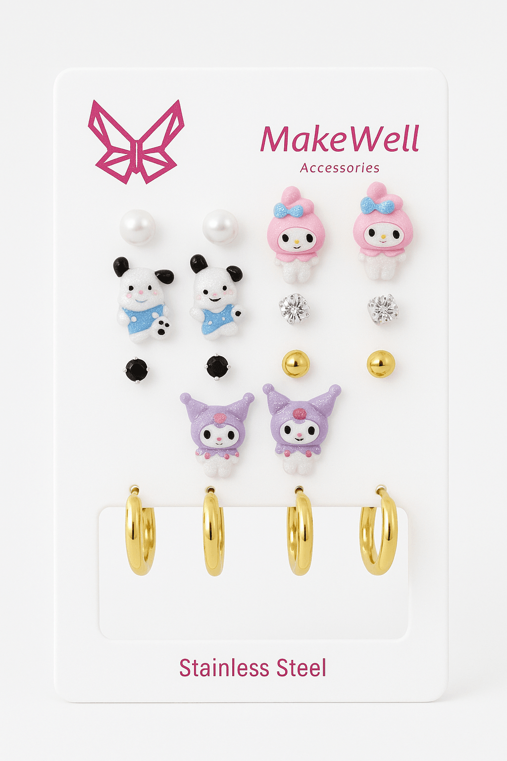 Çelik İğneli Kuromi My Melodi Hello Kity Cinnammaroll Unicorn Pochaco Köpeği Tasarımlı Küpe Seti