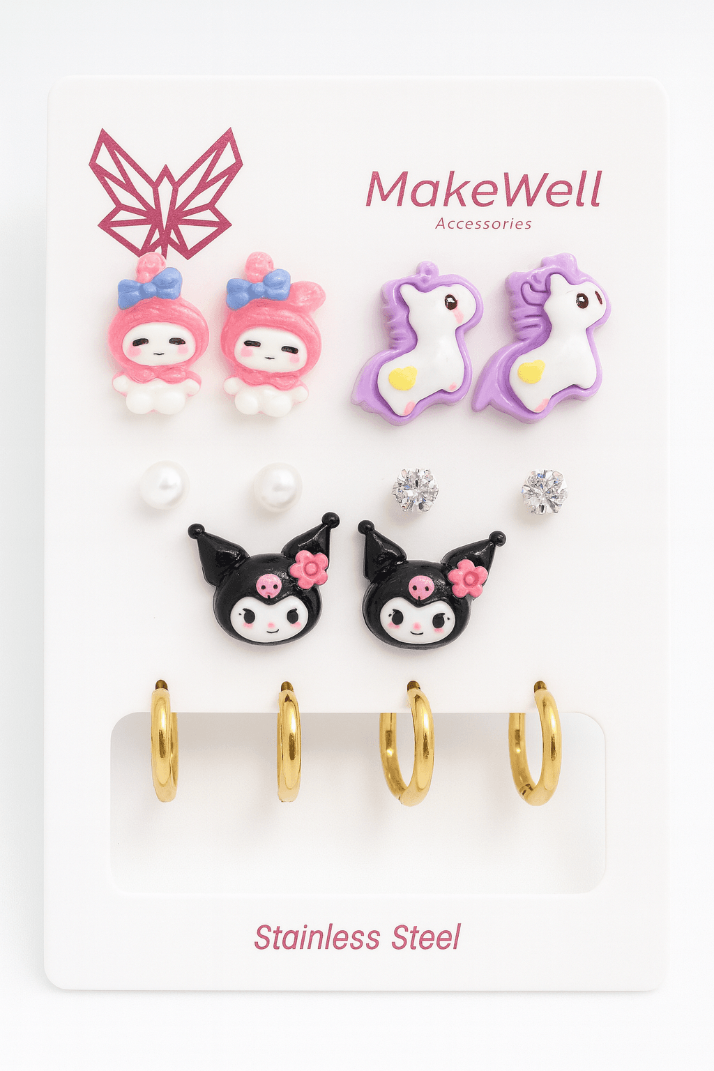Çelik İğneli Kuromi My Melodi Hello Kity Cinnammaroll Unicorn Pochaco Köpeği Tasarımlı Küpe Seti