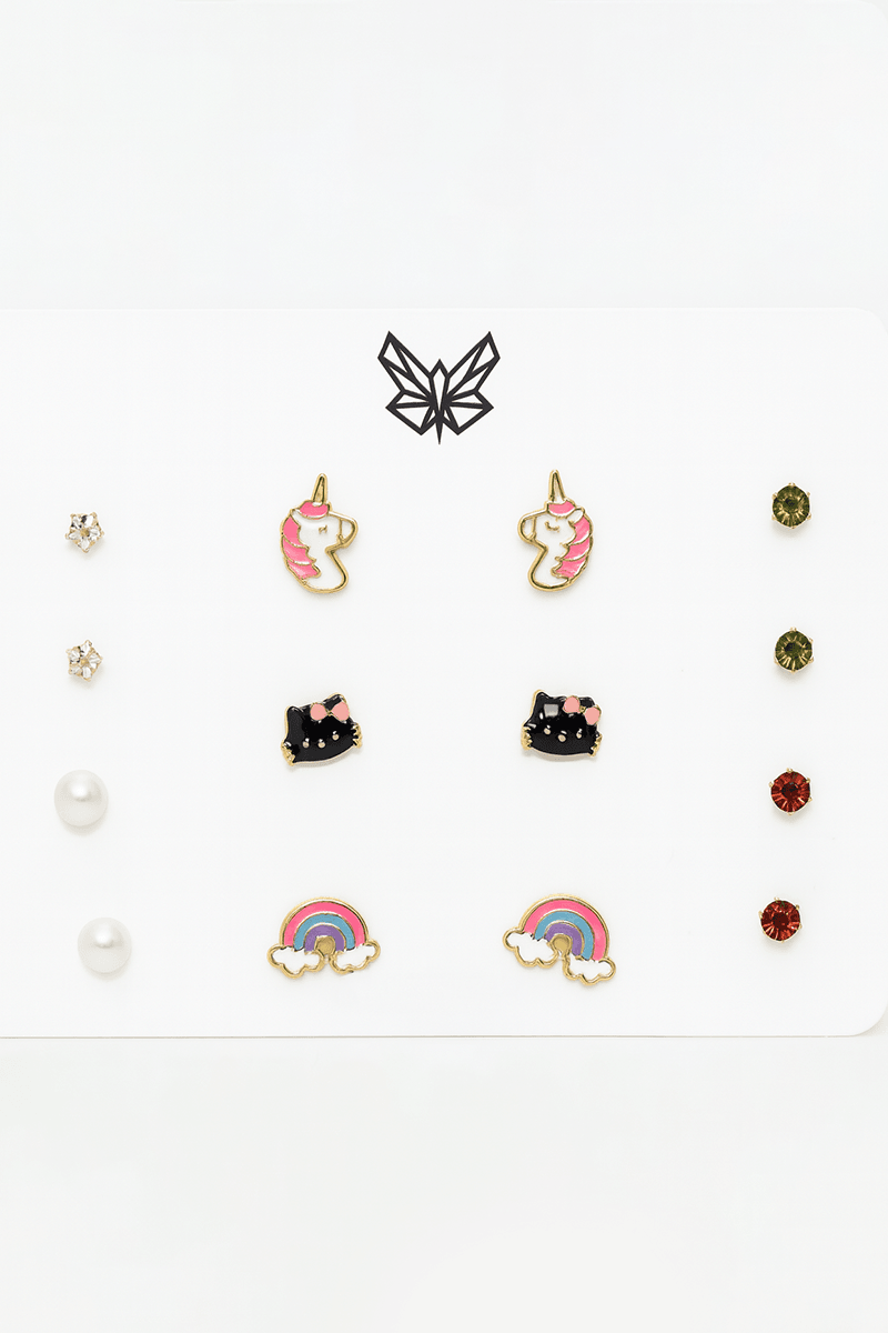Unicorn Hello Kity ve Gökkuşağı Tasarımlı Zirkon Taşlı Küpe Seti