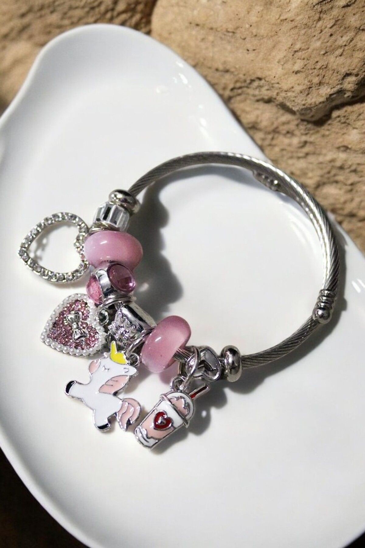 Paslanmaz Kalp ve Unicorn Tasarımlı Zirkon Taşlı Charm Çelik Bileklik