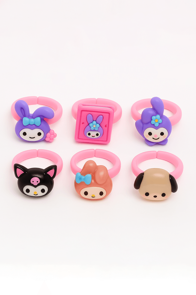 Ayarlanabilir Kuromi My Melodi ve Cinnammaroll Tasarımlı 6lı Ayarlanabilir Çocuk Yüzük Seti