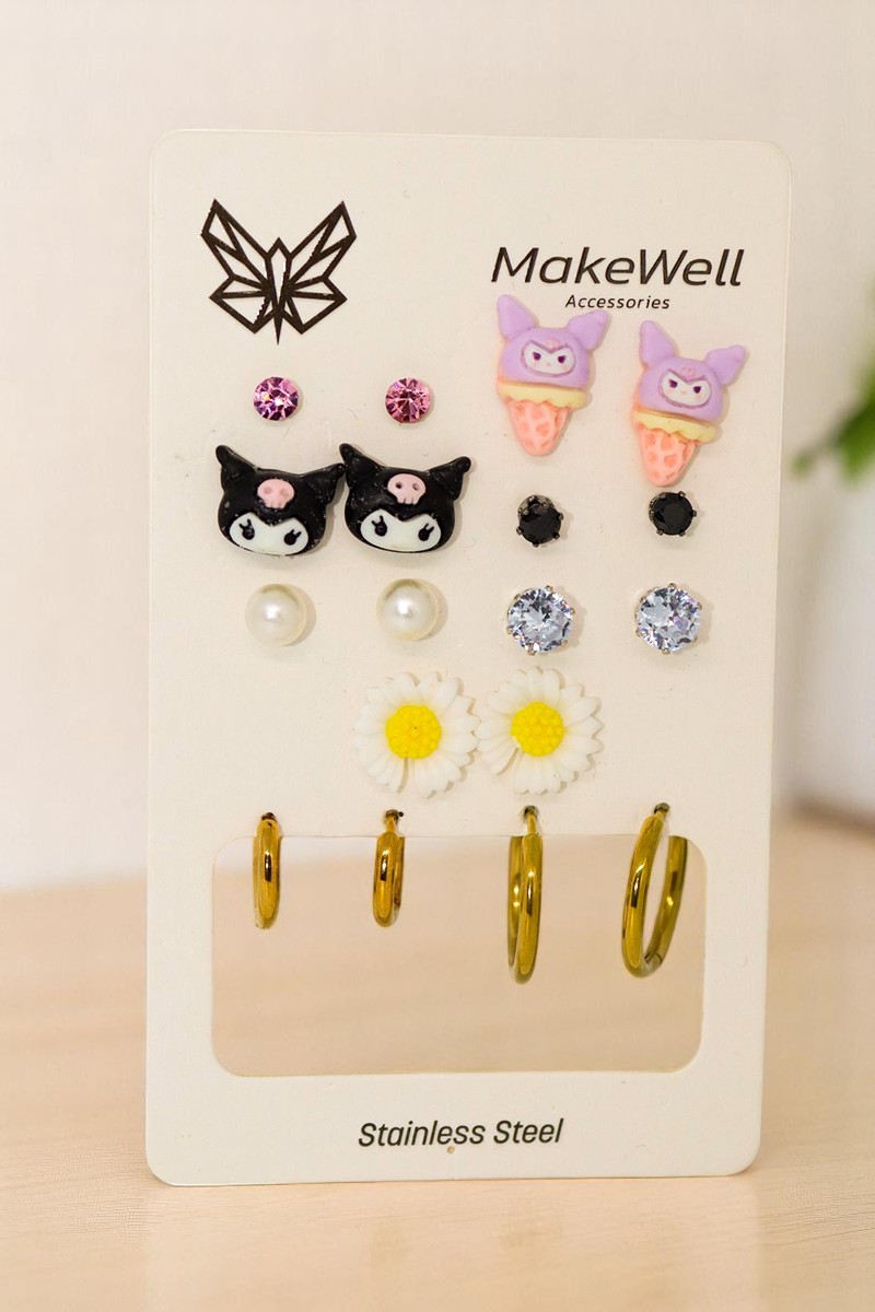 Çelik Küpe Renk Atmaz Kararmaz Çelik Hello Kitty Dondurma Kuromi Tasarımlı Halka Çelik Küpeli Set