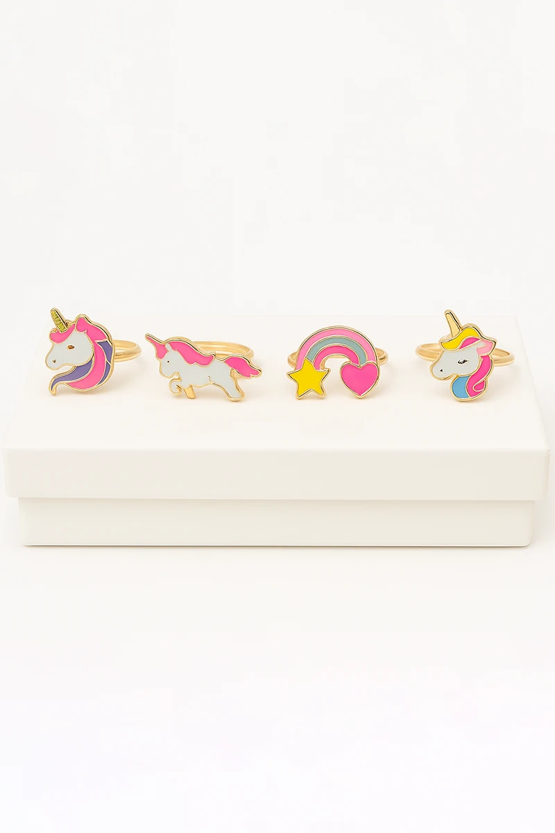 Ayarlanabilir 4 Adet Yıldız Gökkuşağı Kiraz Çilek Unicorn Kalp Çocuk Yüzükleri