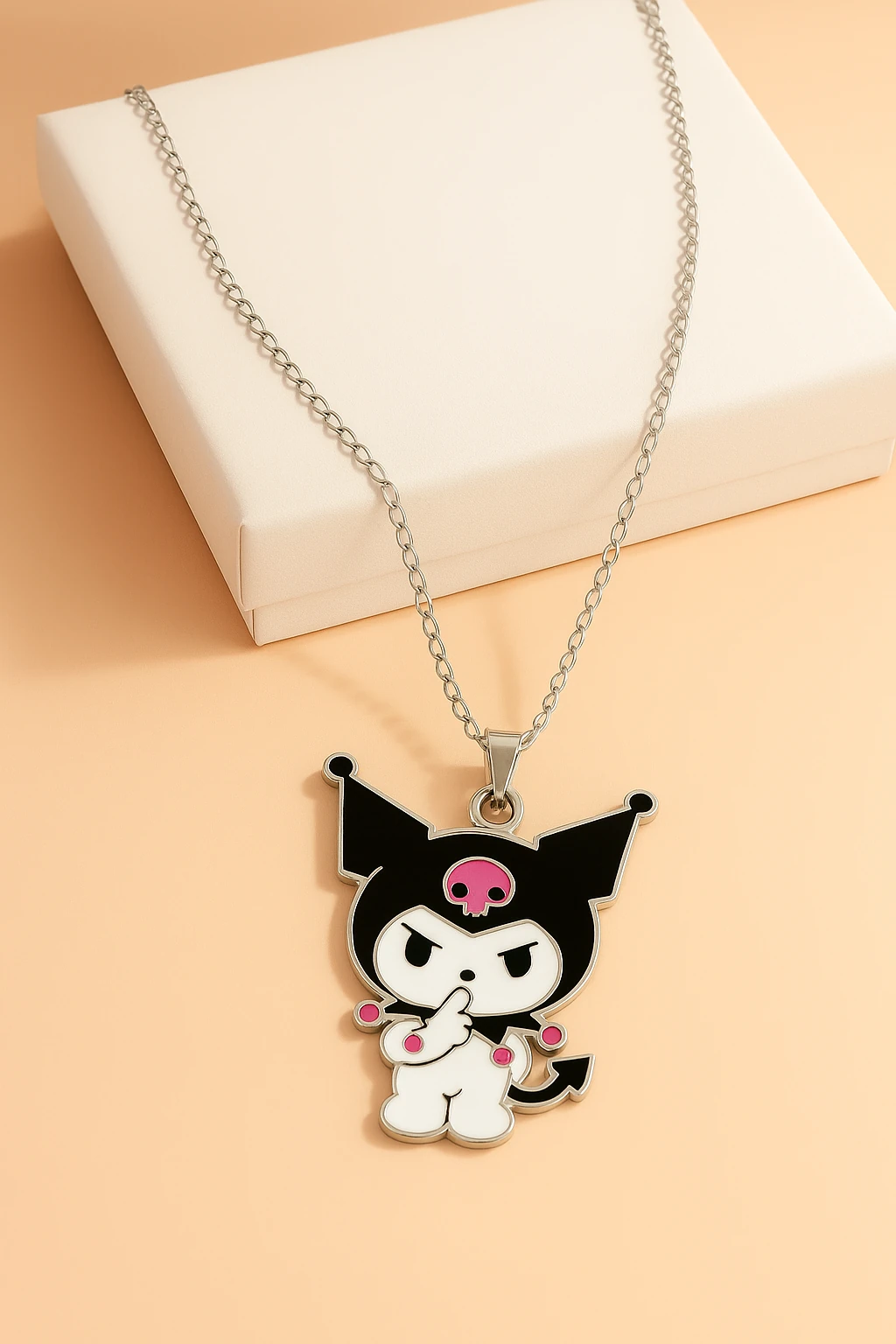 Kuromi Tasarımlı Gümüş Renkli Zincirli Çocuk Kolyesi