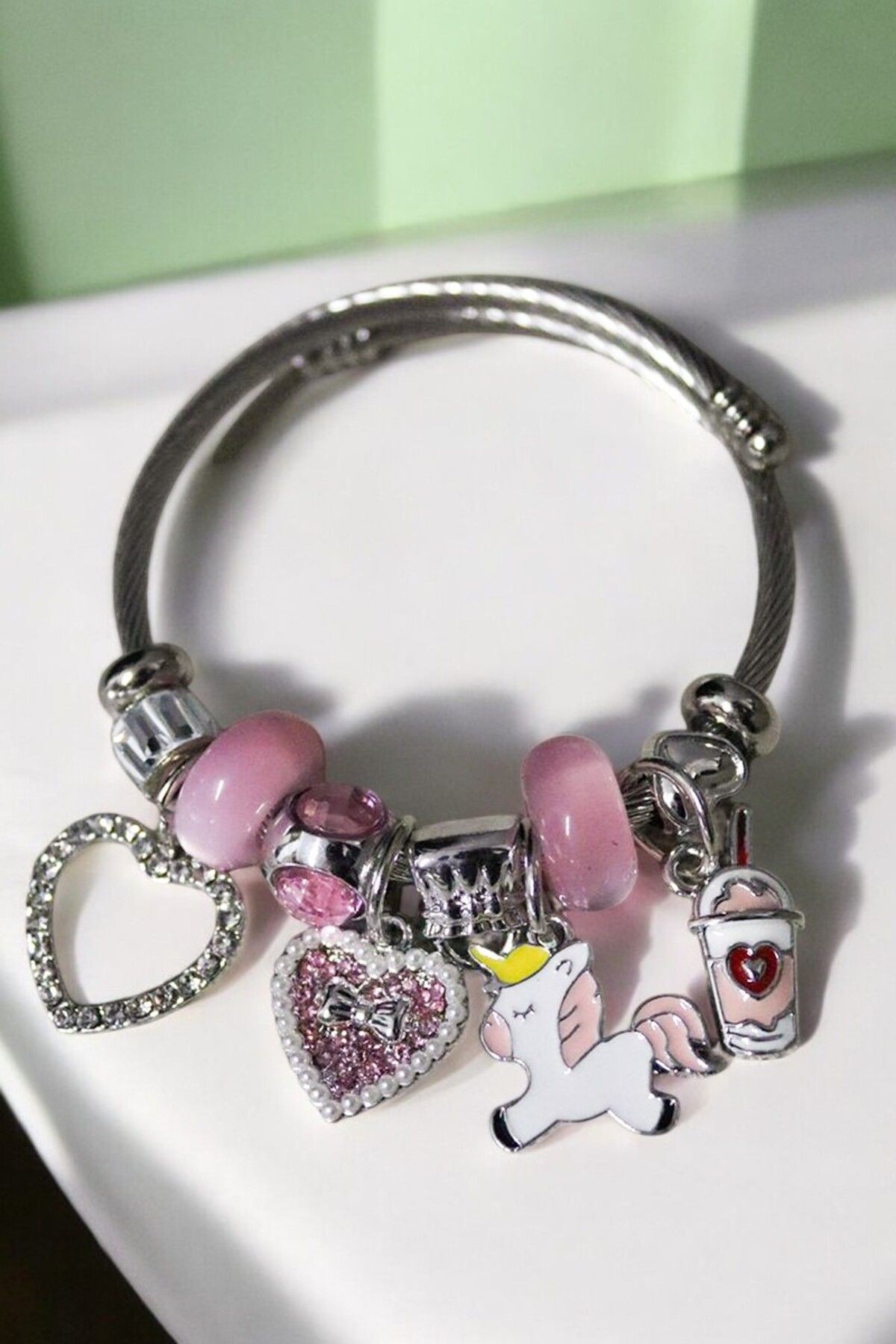 Paslanmaz Kalp ve Unicorn Tasarımlı Zirkon Taşlı Charm Çelik Bileklik