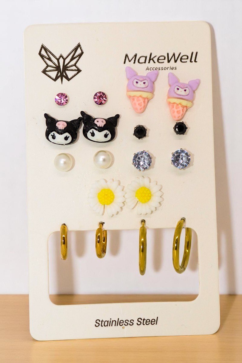 Çelik Küpe Renk Atmaz Kararmaz Çelik Hello Kitty Dondurma Kuromi Tasarımlı Halka Çelik Küpeli Set