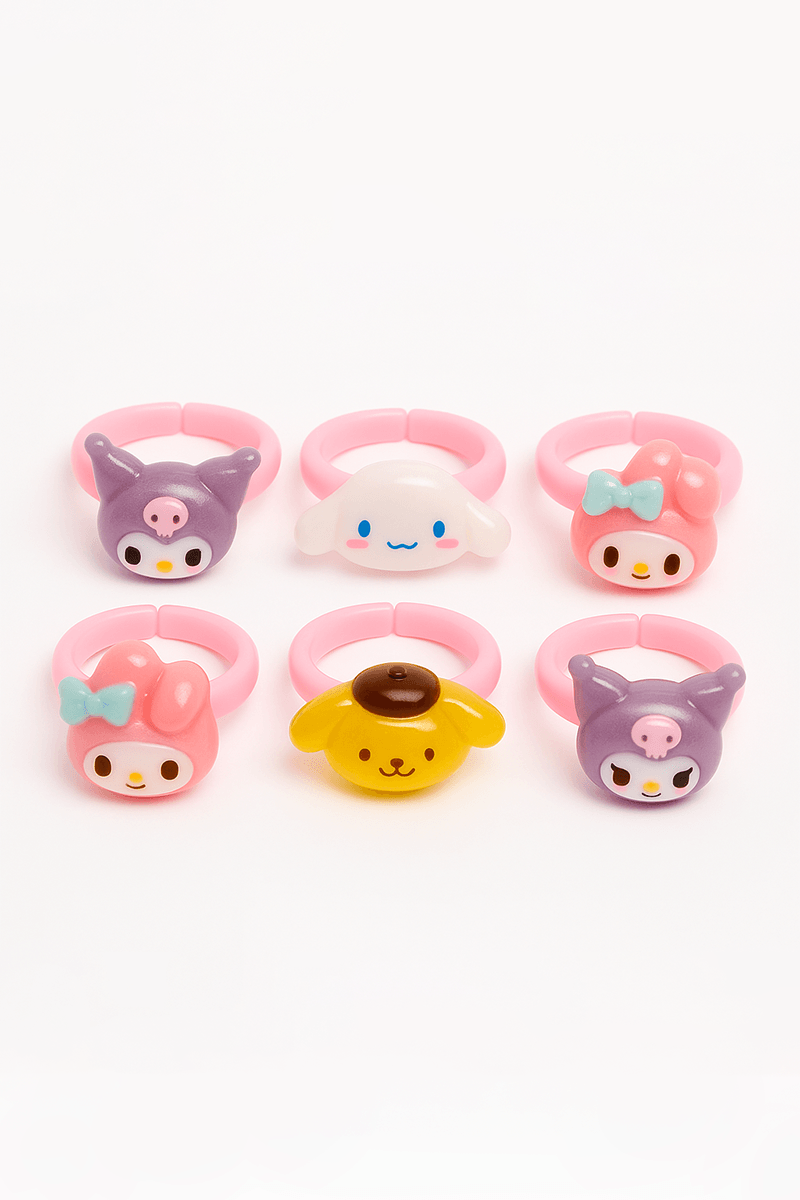 Ayarlanabilir Kuromi My Melodi ve Cinnammaroll Tasarımlı 6lı Ayarlanabilir Çocuk Yüzük Seti