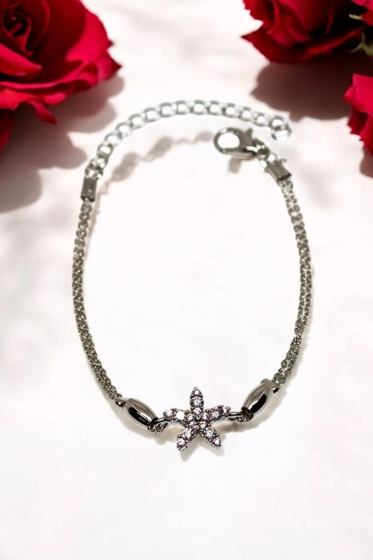 Gümüş Kaplama Çiçek Tasarımlı Gümüş Kaplamalı Zirkon Taşlı Bileklik
