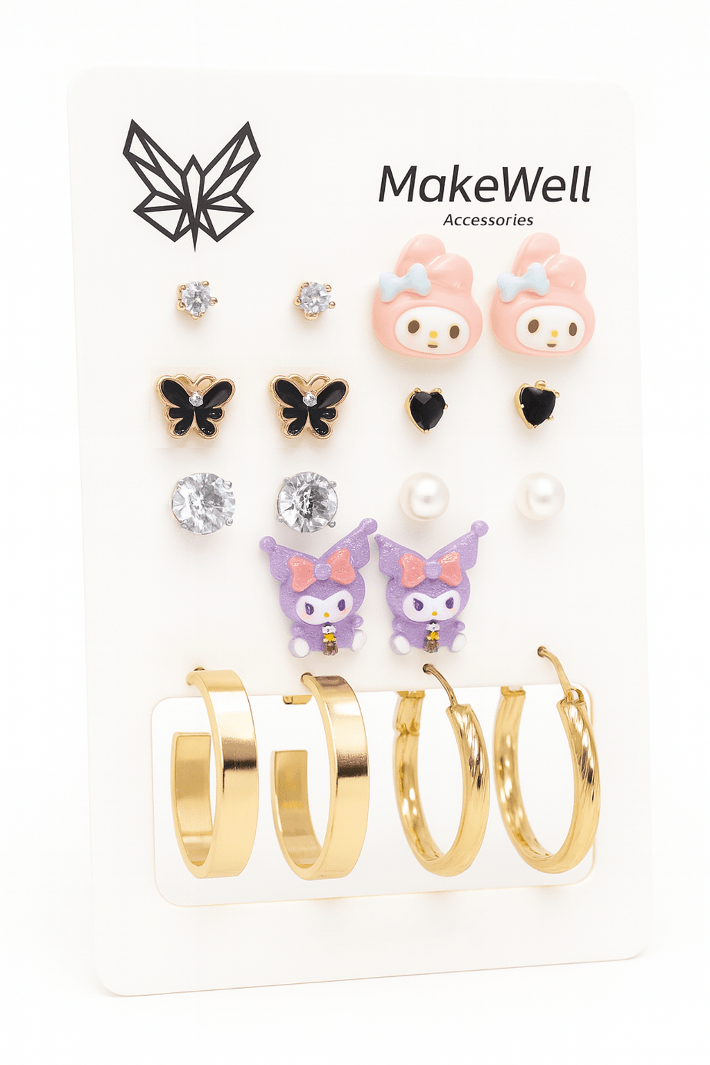 Çelik İğneli Kuromi My Melodi ve Kelebek Tasarımlı Zirkon ve İnci Küpeli Çocuk Küpe Seti