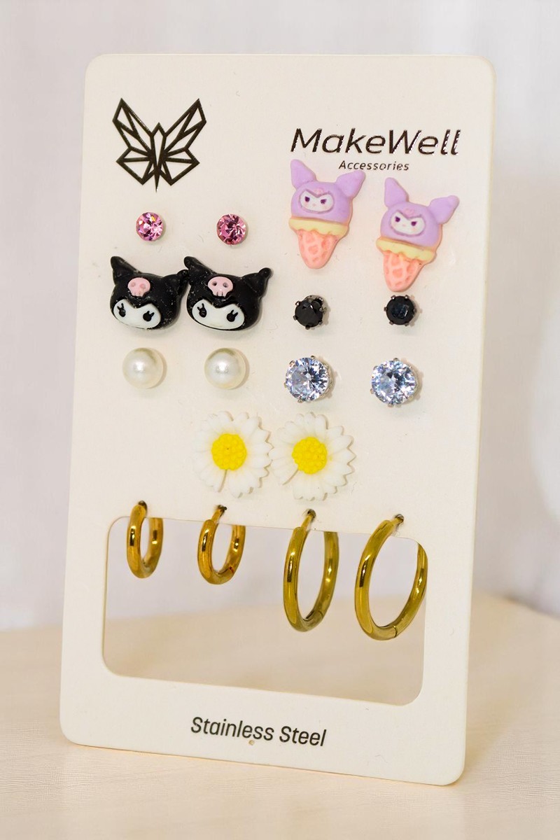 Çelik Küpe Renk Atmaz Kararmaz Çelik Hello Kitty Dondurma Kuromi Tasarımlı Halka Çelik Küpeli Set