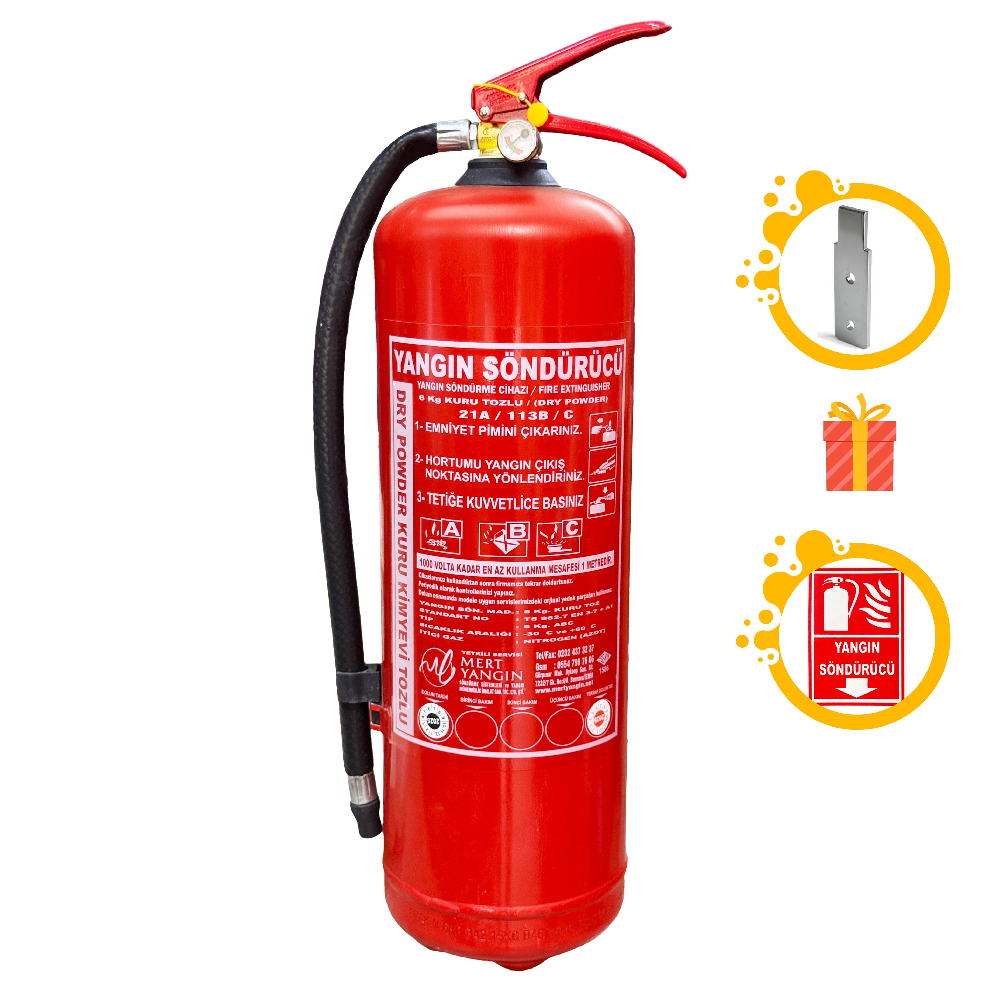 Sörvey/Tekne Sertifikalı 6 Kg & 12 Kg ABC Tozlu Yangın Tüpü, Askı Aparatı Hediyeli TSE Belgeli 4 Yıl Etiketli KKT Yangın Söndürücü - 6 Kg