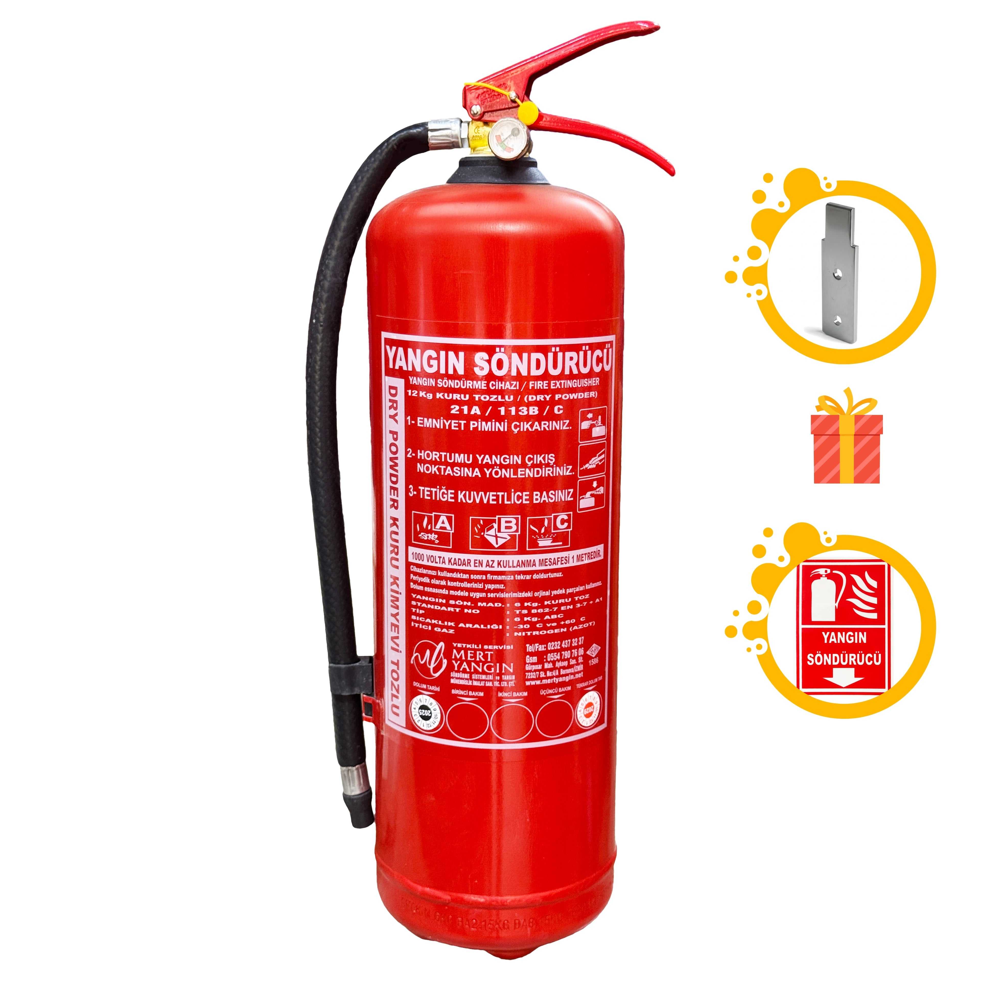 Sörvey/Tekne Sertifikalı 6 Kg & 12 Kg ABC Tozlu Yangın Tüpü, Askı Aparatı Hediyeli TSE Belgeli 4 Yıl Etiketli KKT Yangın Söndürücü - 12 Kg