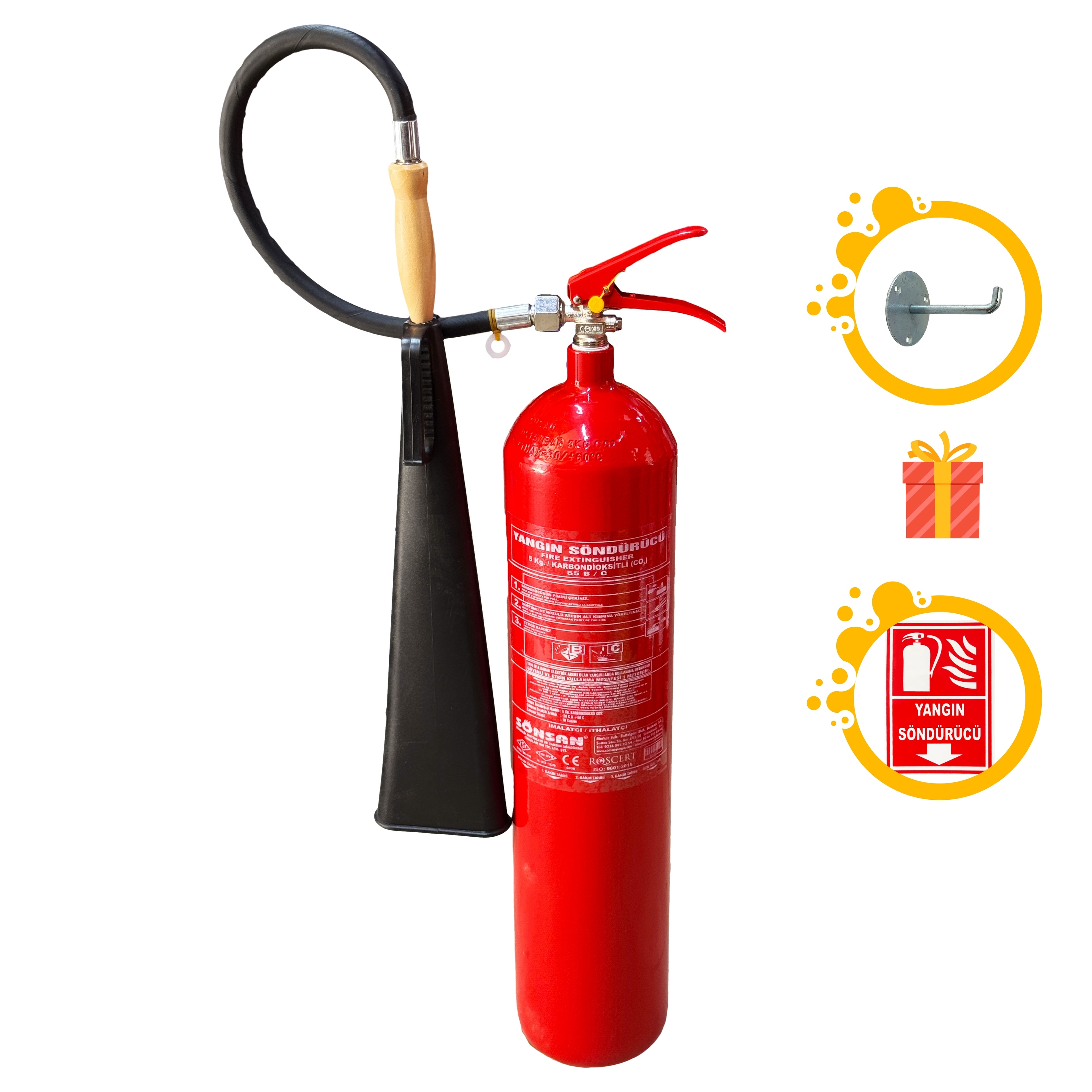 5 Kg & 10 Kg Co2 Gazlı Yangın Tüpü, Askı Aparatı Hediyeli TSE Belgeli 4 Yıl Etiketli Yangın Söndürücü - 5 Kg