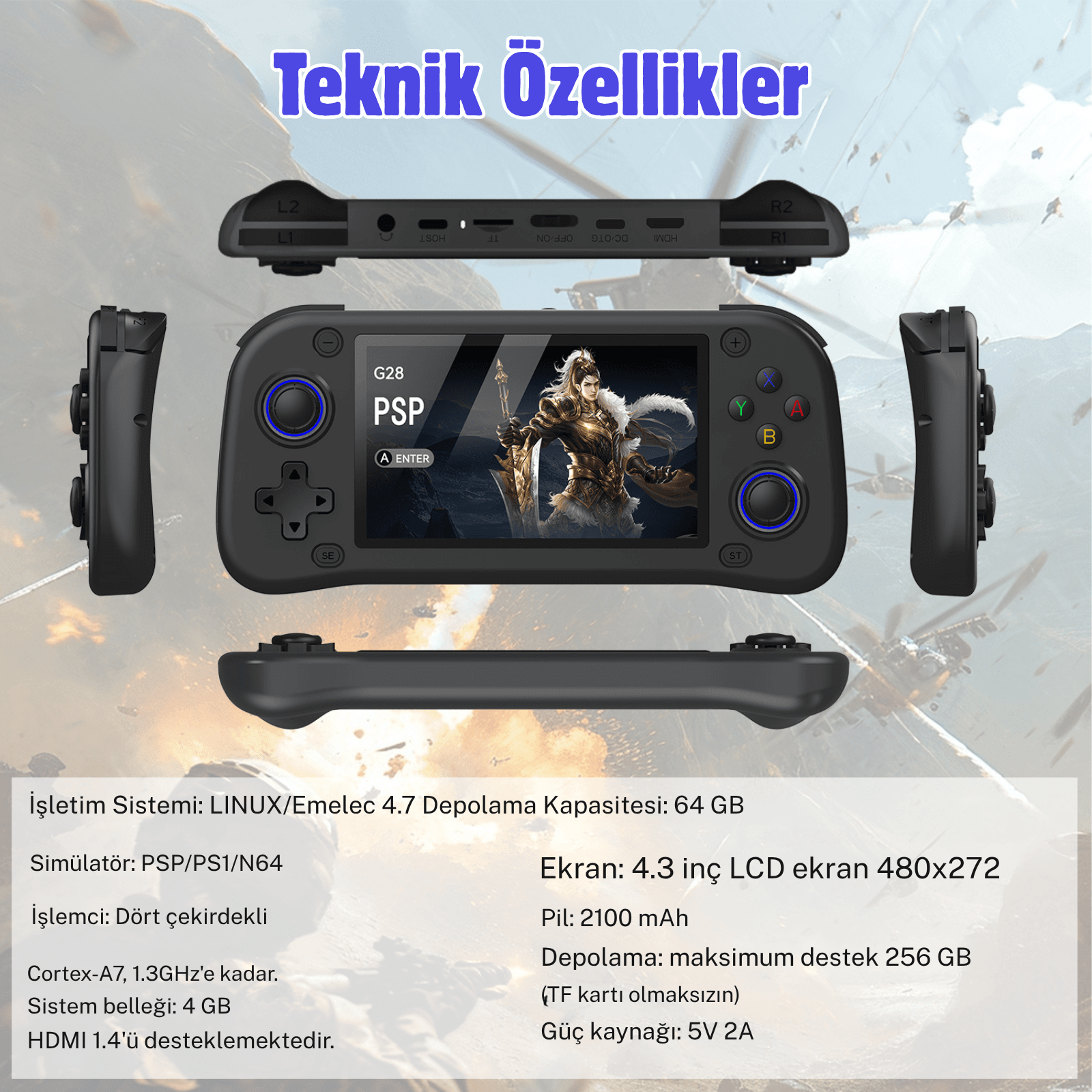 G28 Taşınabilir Retro Oyun Konsolu – 4.3” HD Ekran, 64GB, 15.000+ Klasik Oyun, HDMI Destekli