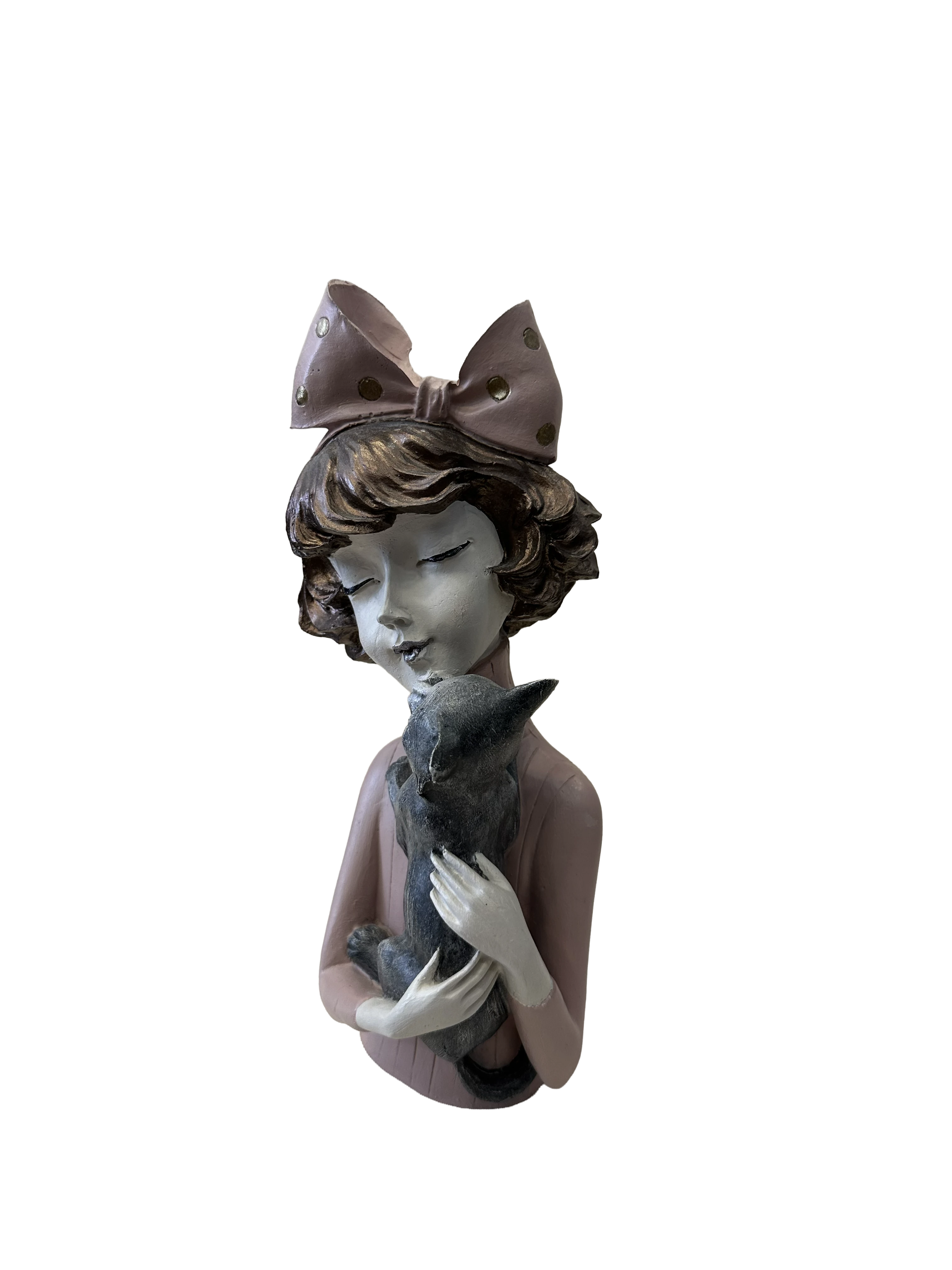 Saf Sevgi: Kedisine Sarılan Kız Figürü - Lila Elbise (32 cm)