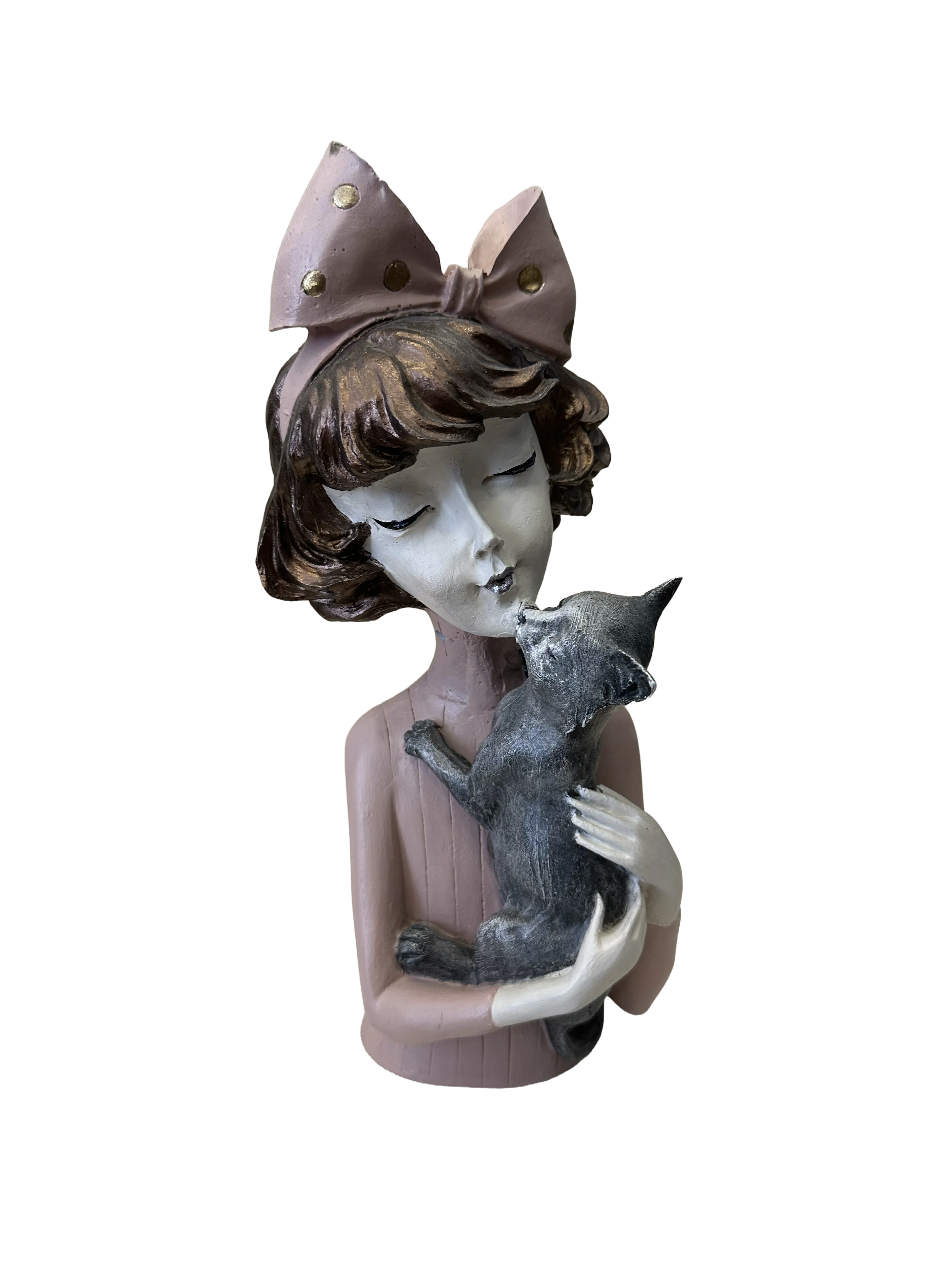 Saf Sevgi: Kedisine Sarılan Kız Figürü - Lila Elbise (32 cm)