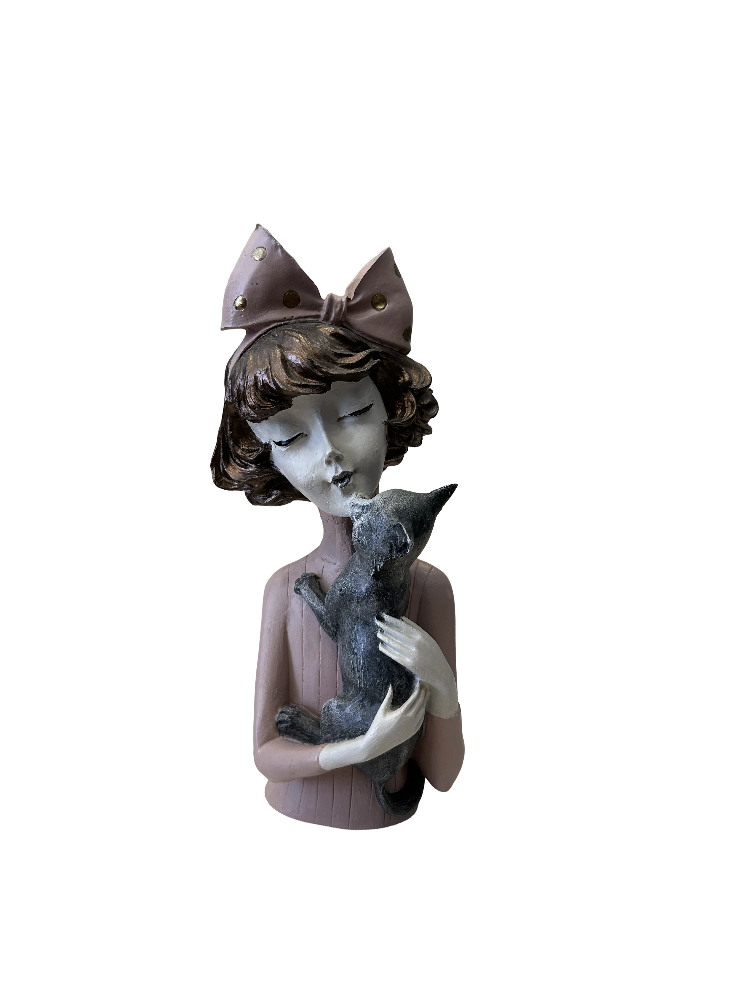 Saf Sevgi: Kedisine Sarılan Kız Figürü - Lila Elbise (32 cm)