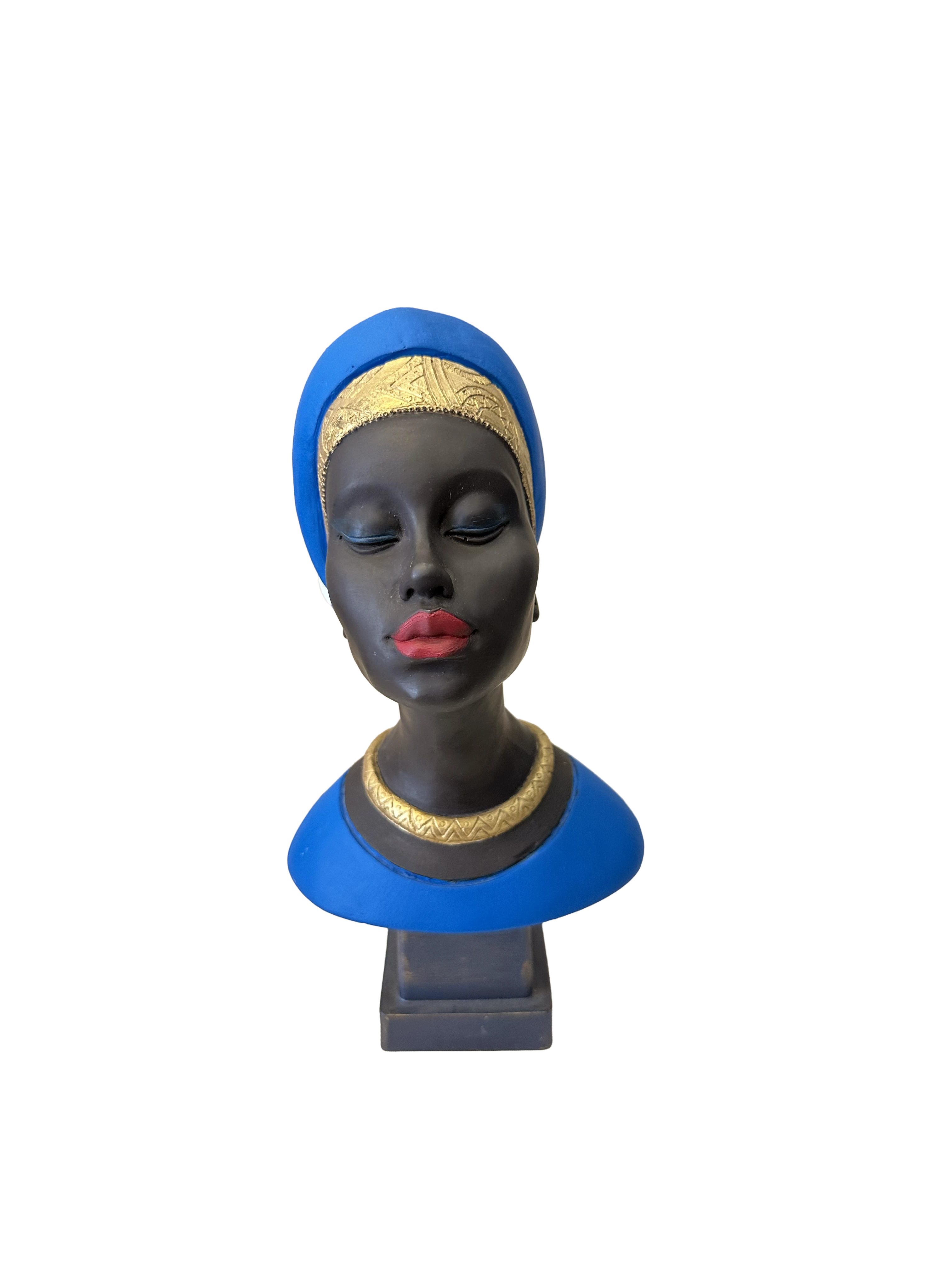 Etnik Şıklık: Mavi Türbanlı Altın Detaylı Afrikalı Kadın Büstü (23 cm)