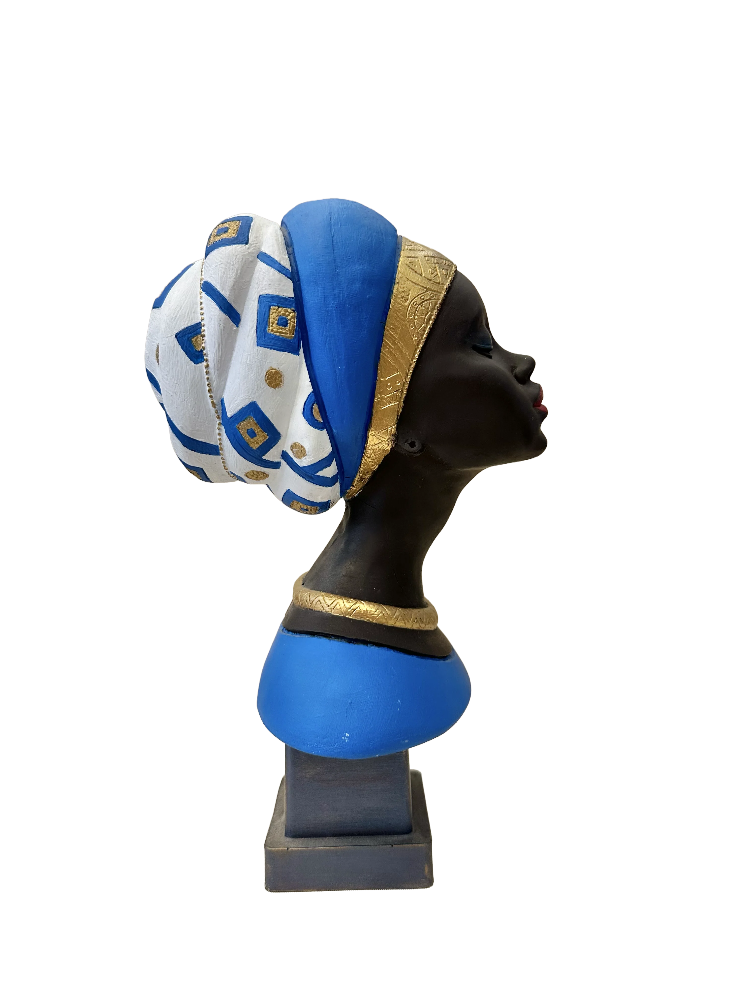 Etnik Şıklık: Mavi Türbanlı Altın Detaylı Afrikalı Kadın Büstü (23 cm)